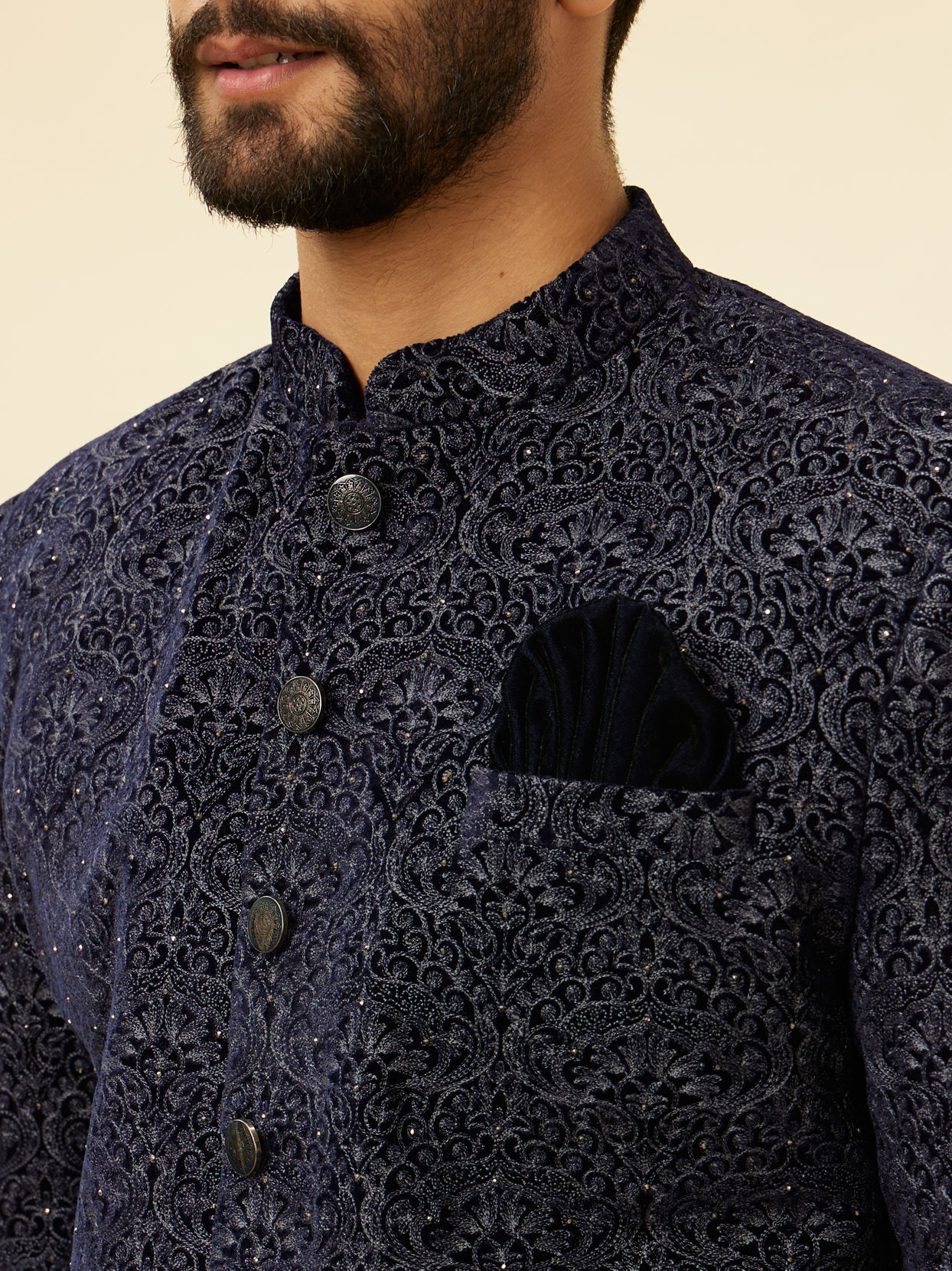 alt message - Manyavar Men Deep Blue and Grey Imperial Patterned Indo Western Set image number 1